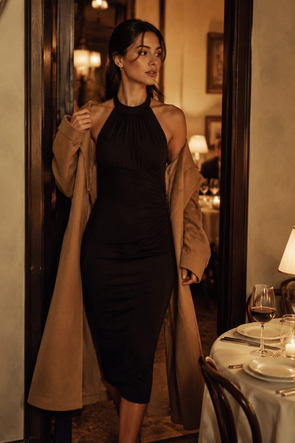 christmas dinner outfit that photographs well: black halter midi dress with a statement camel coat