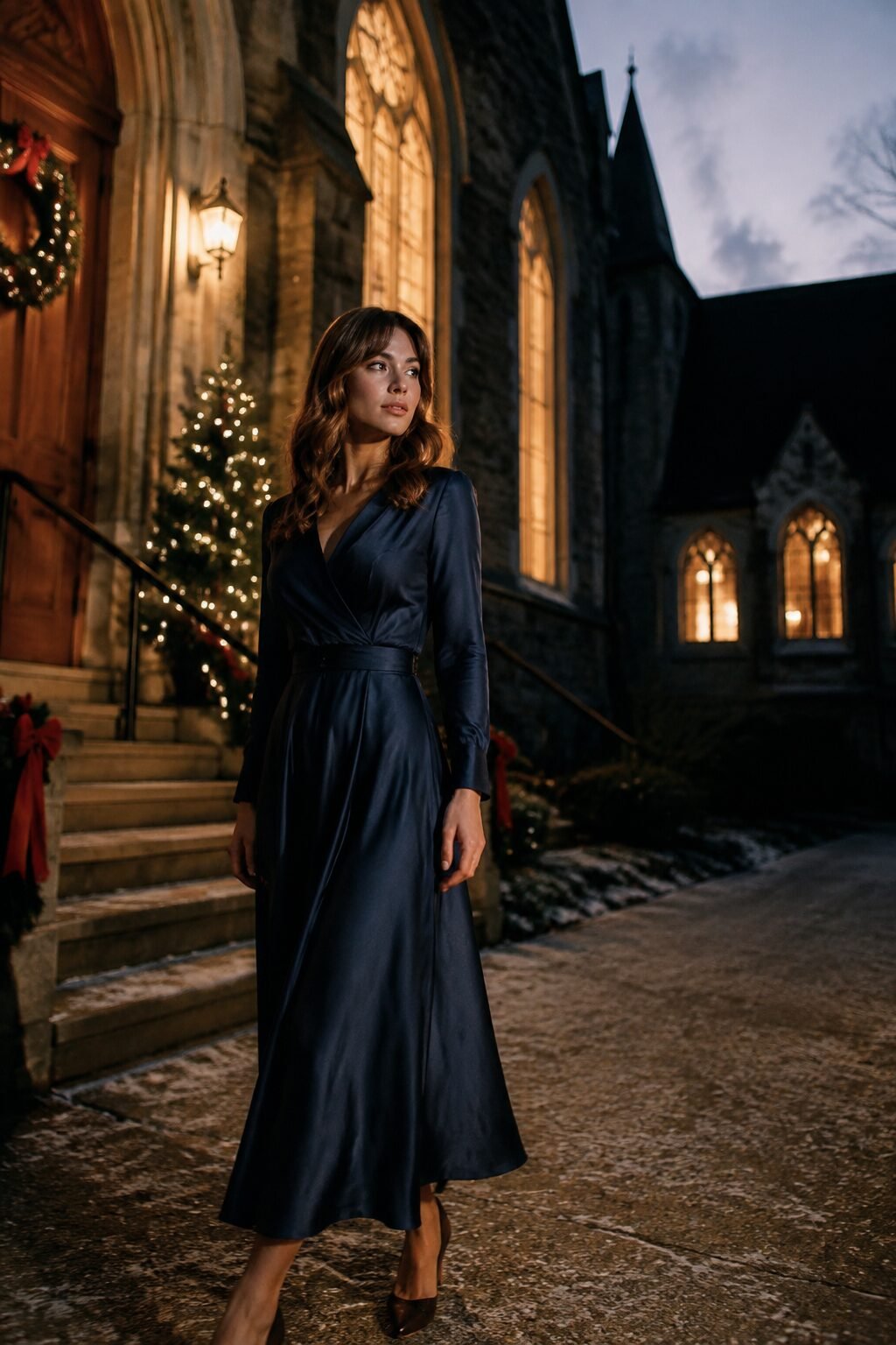 elegant Christmas Eve outfit: navy satin wrap dress for candlelight service and dinner