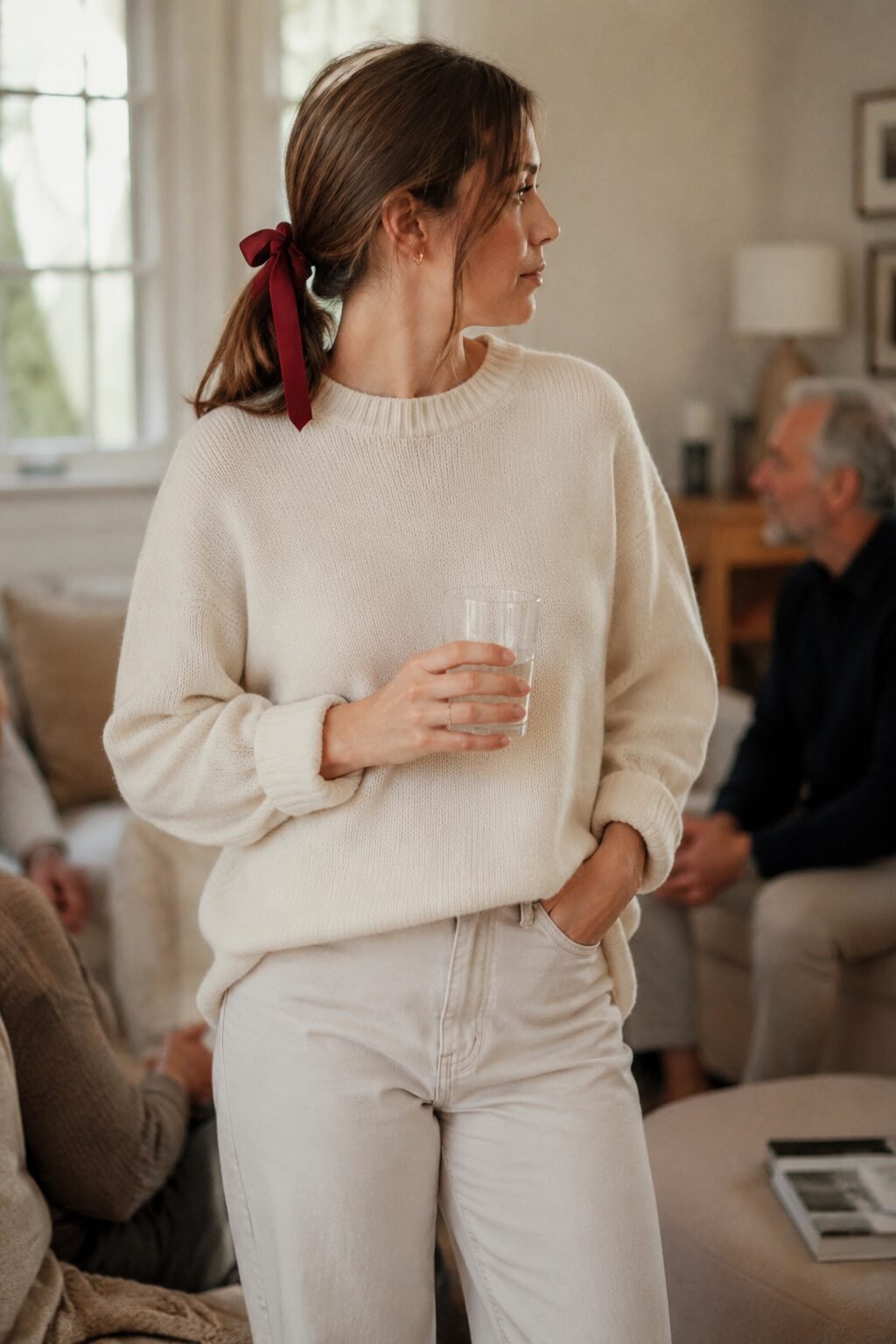 family christmas outfits tied together by a shared wine-colored ribbon detail