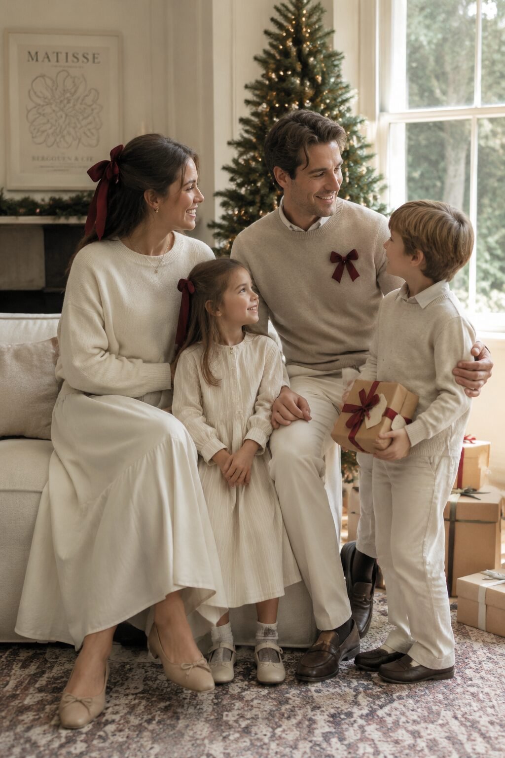 family christmas outfits tied together by a shared wine-colored ribbon detail