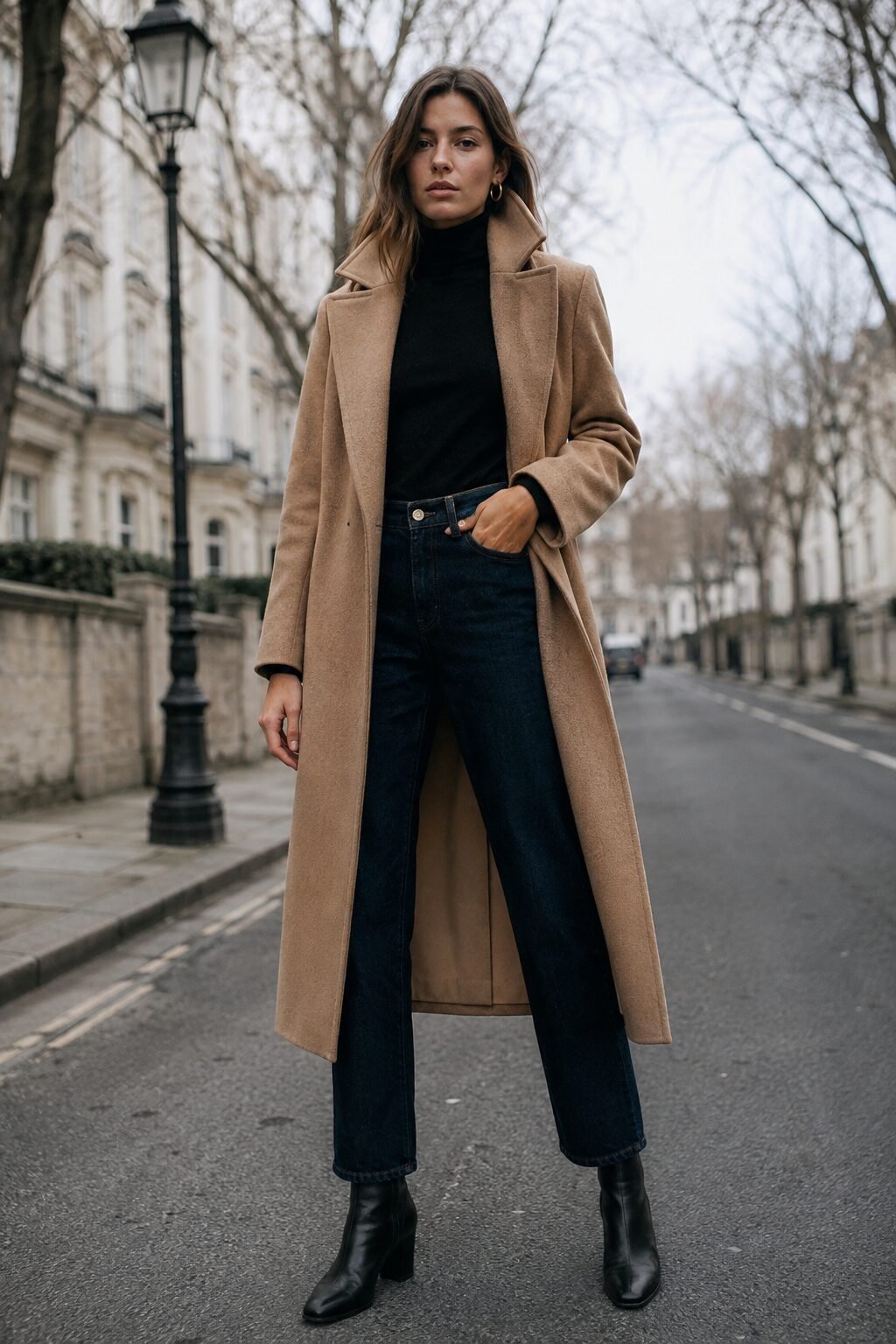 black turtleneck, indigo jeans, and camel wool coat with ankle boots, cold day fall capsule outfit