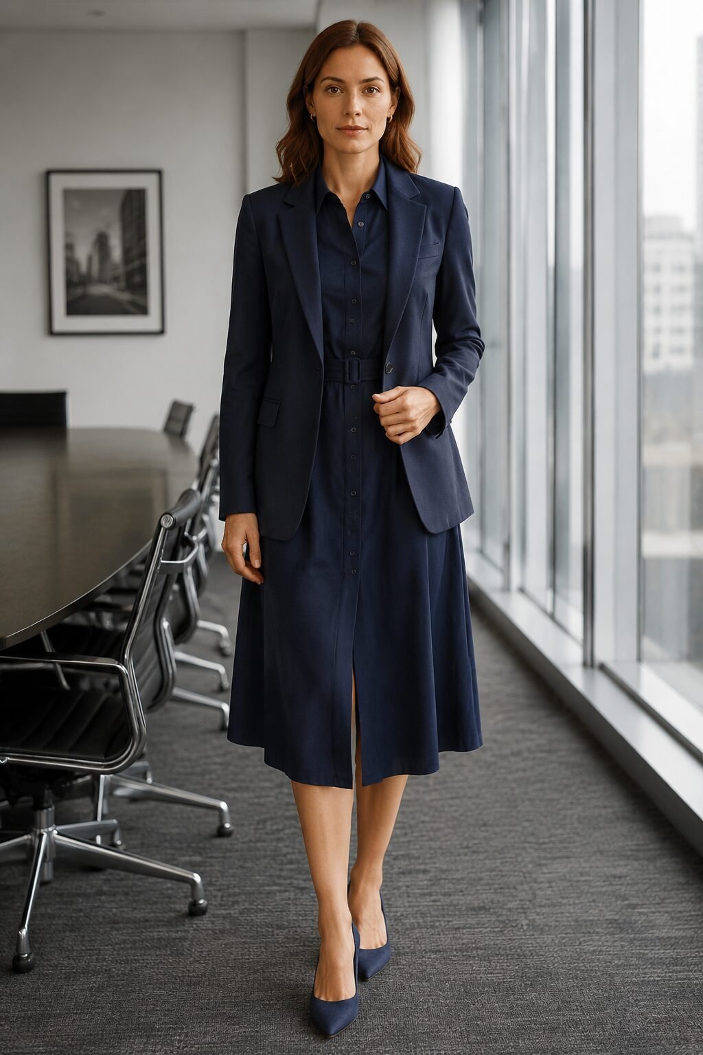 fall capsule wardrobe outfit idea: navy structured shirtdress and blazer for a Monday month-end review meeting
