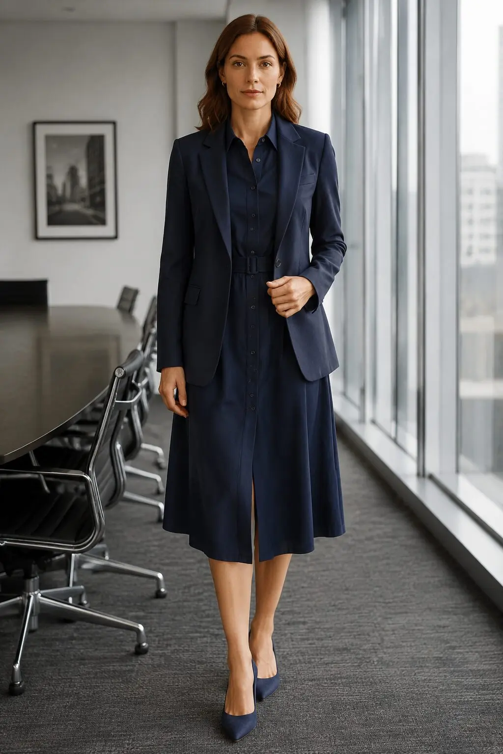 fall capsule wardrobe outfit idea: navy structured shirtdress and blazer for a Monday month-end review meeting