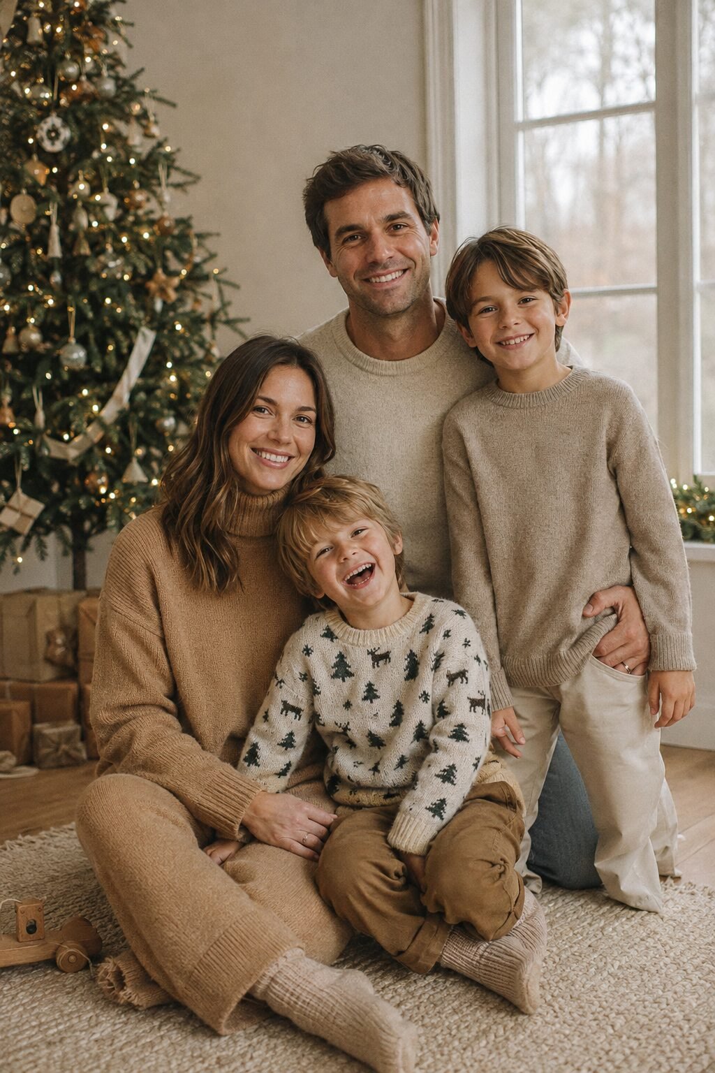 warm neutral family christmas outfits with one playful printed piece for the youngest child