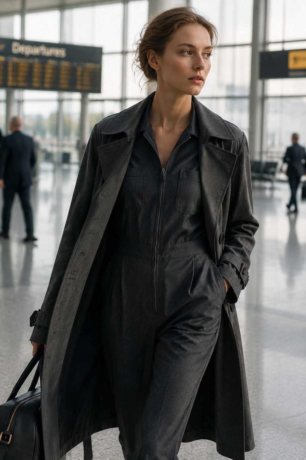 fall capsule wardrobe outfit idea: charcoal tailored jumpsuit and trench coat for a last-minute work travel outfit