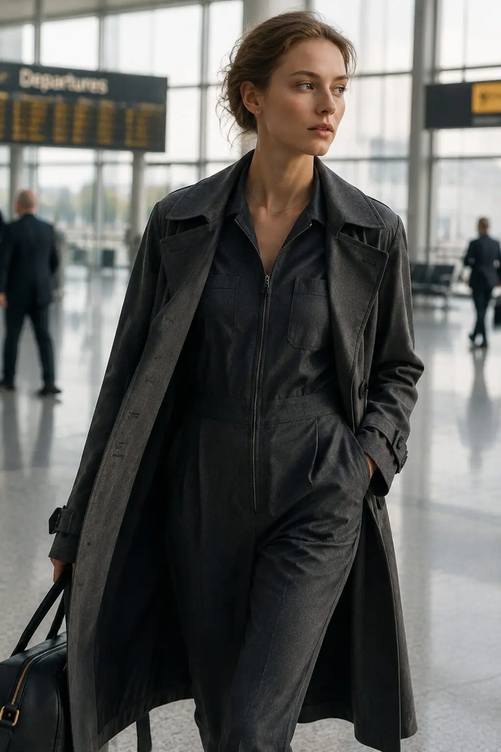 fall capsule wardrobe outfit idea: charcoal tailored jumpsuit and trench coat for a last-minute work travel outfit