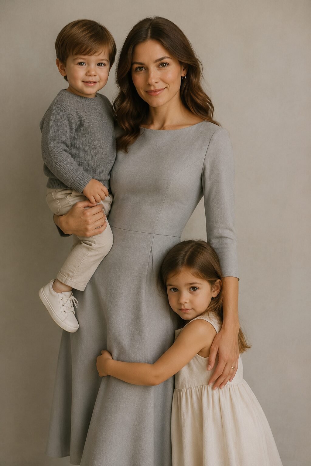 studio family christmas outfits coordinated through a shared wool-crepe fabric, each in a different color