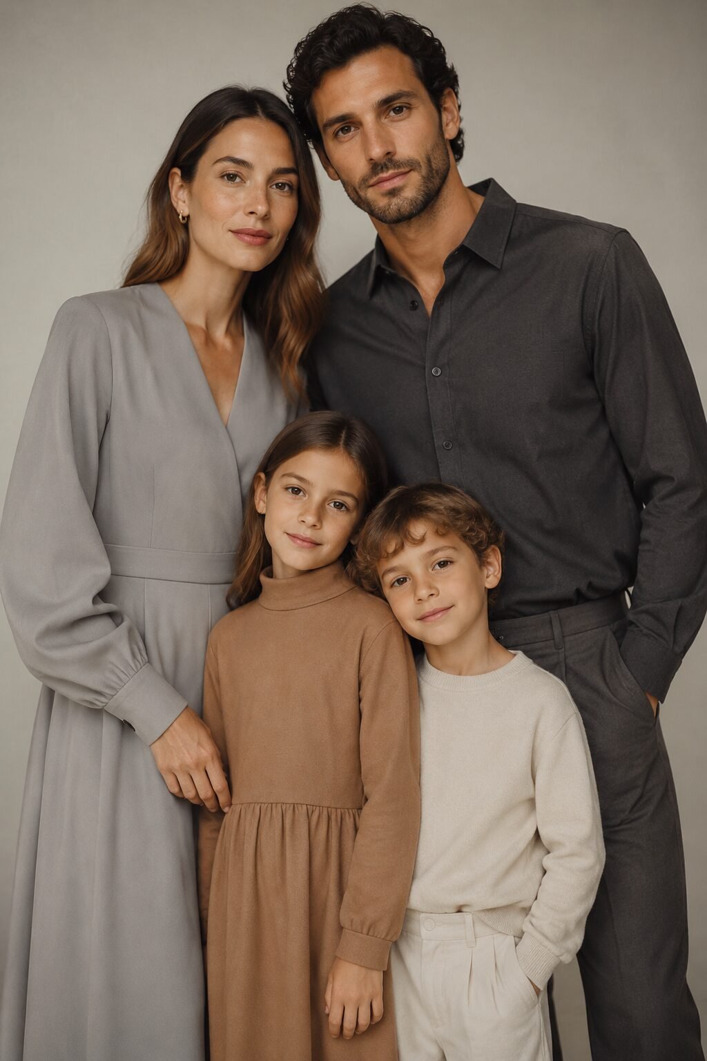 studio family christmas outfits coordinated through a shared wool-crepe fabric, each in a different color