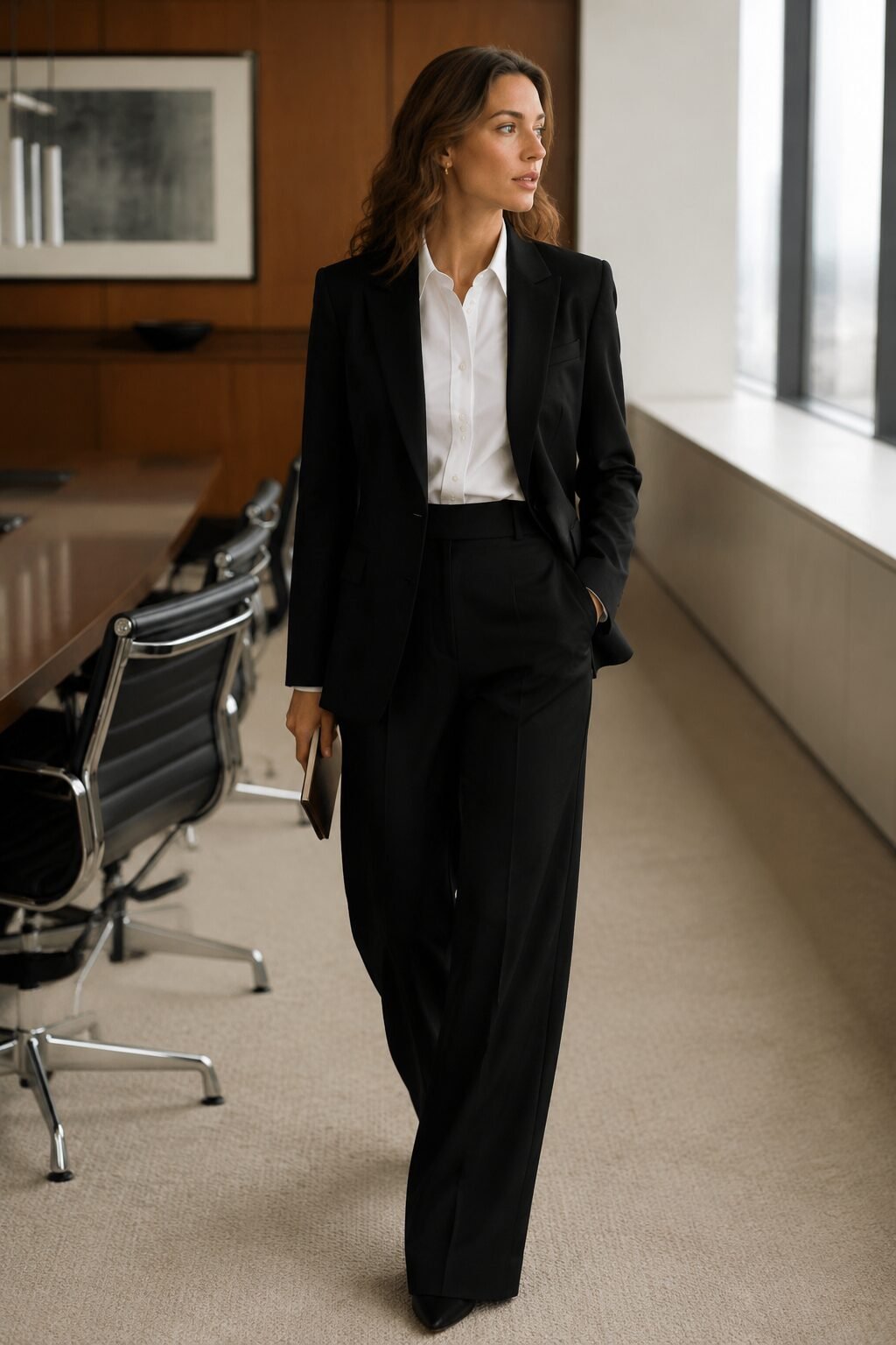 black tailored blazer and white button-down with black trousers, formal fall capsule wardrobe outfit