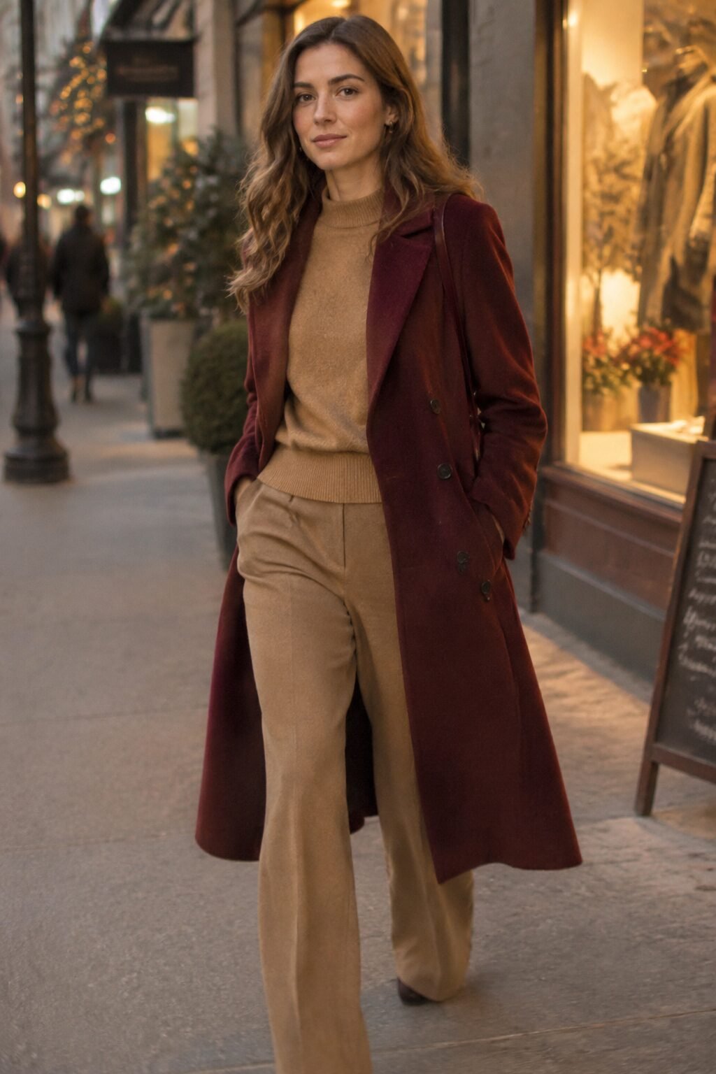 fall capsule wardrobe outfit idea: burgundy wool coat and camel sweater for an evening holiday-shopping outfit