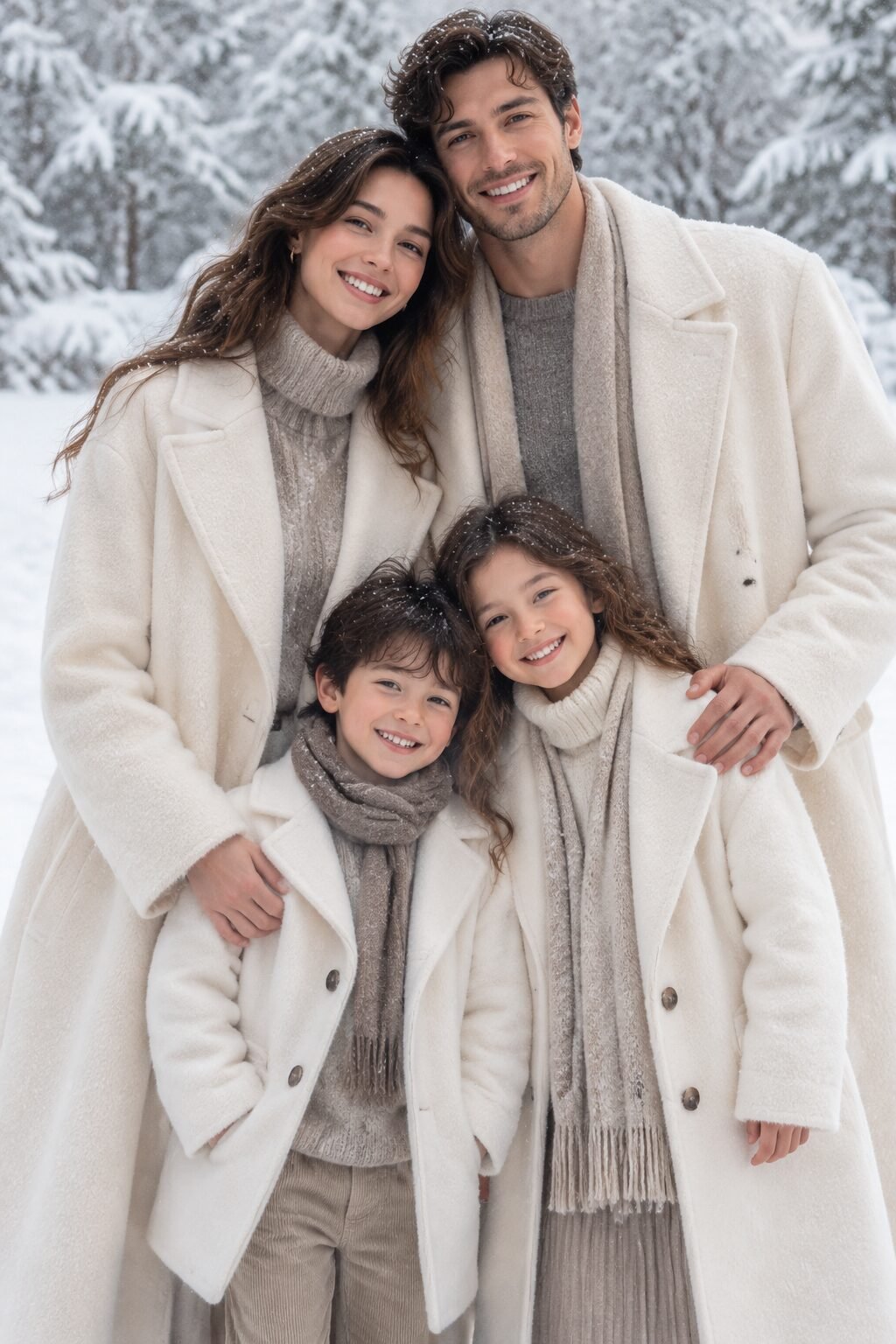 family christmas outfits in a snowy photo with shared winter-white outerwear over soft neutral layers