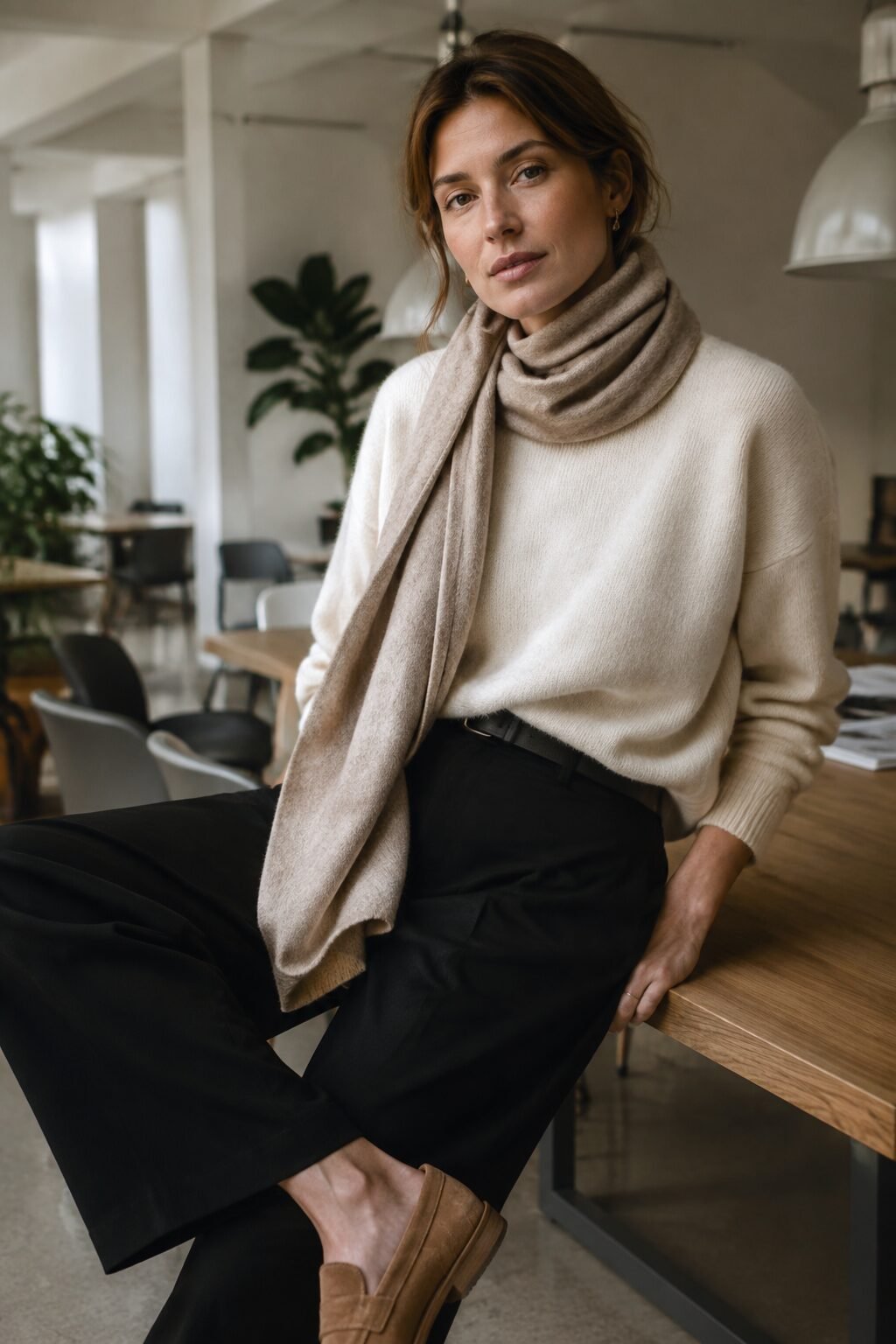 cream cashmere sweater with black trousers, tan loafers, and wool scarf, casual fall capsule outfit