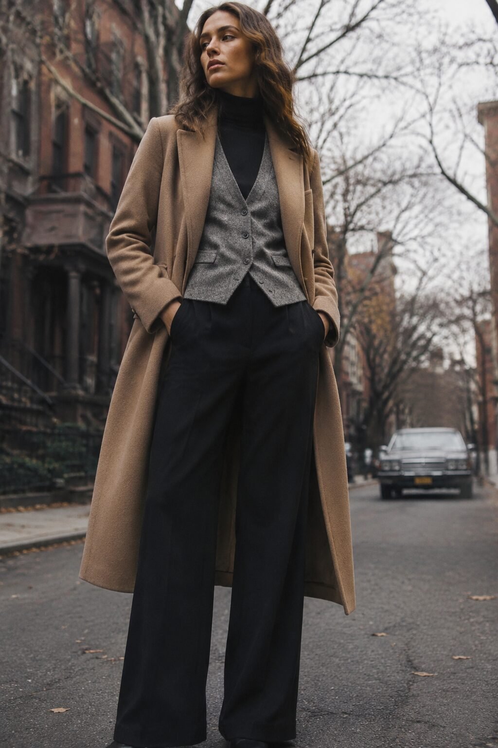 camel wool coat, grey knit vest, and black turtleneck layered over black trousers, triple-layered fall capsule outfit