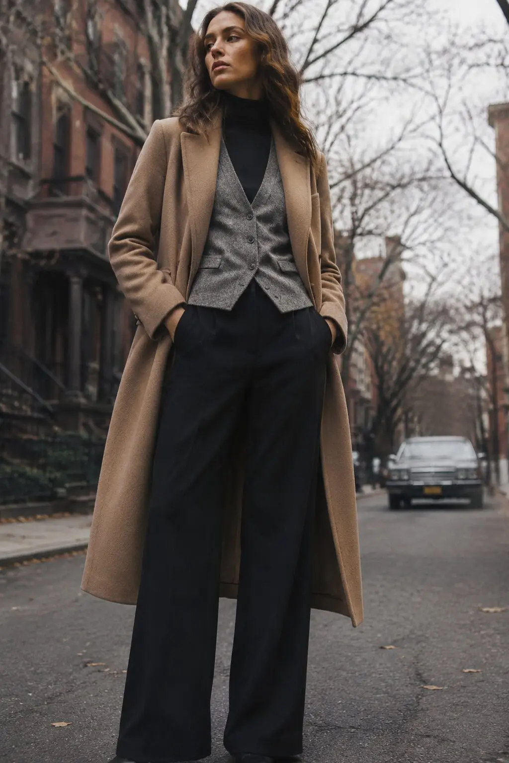 camel wool coat, grey knit vest, and black turtleneck layered over black trousers, triple-layered fall capsule outfit