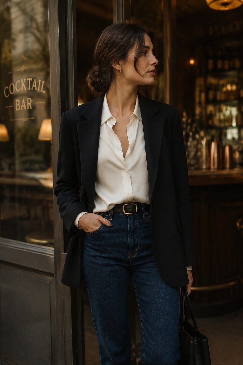 ivory silk blouse, indigo jeans, and black tailored blazer with ankle boots, after-work fall capsule outfit