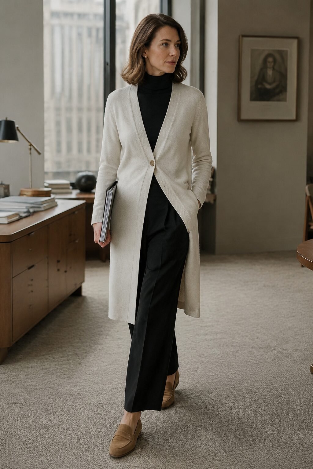 cream longline cardigan over black turtleneck with black trousers and tan loafers, cozy fall capsule wardrobe outfit