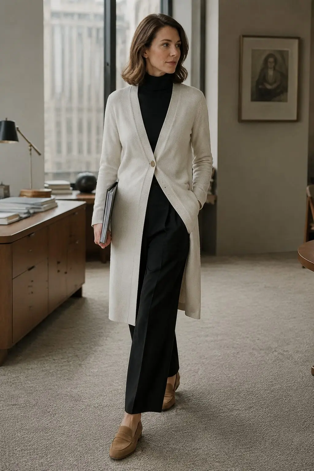 cream longline cardigan over black turtleneck with black trousers and tan loafers, cozy fall capsule wardrobe outfit