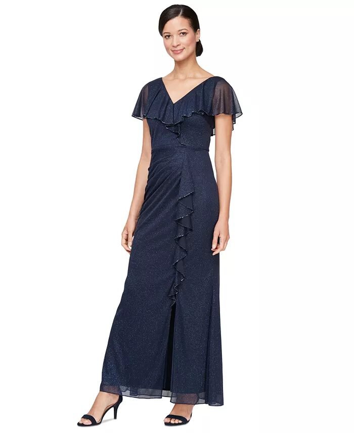 formal mother of the groom dress with elegant capelet sleeves.