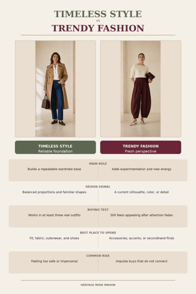 Timeless and trendy pieces work best together: one provides continuity and the other provides movement. Original Heritage Mode Maison comparison graphic.


