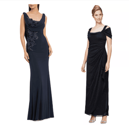 draped cowl-neck mother of the groom dress for an evening wedding.