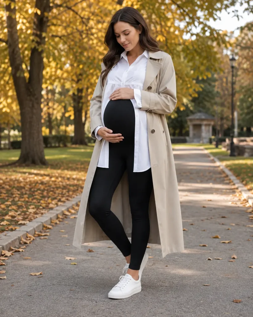 10. Black leggings, white shirt and trench coat.