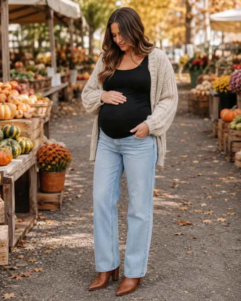 14. Relaxed jeans, oatmeal cardigan and pointed boots.
