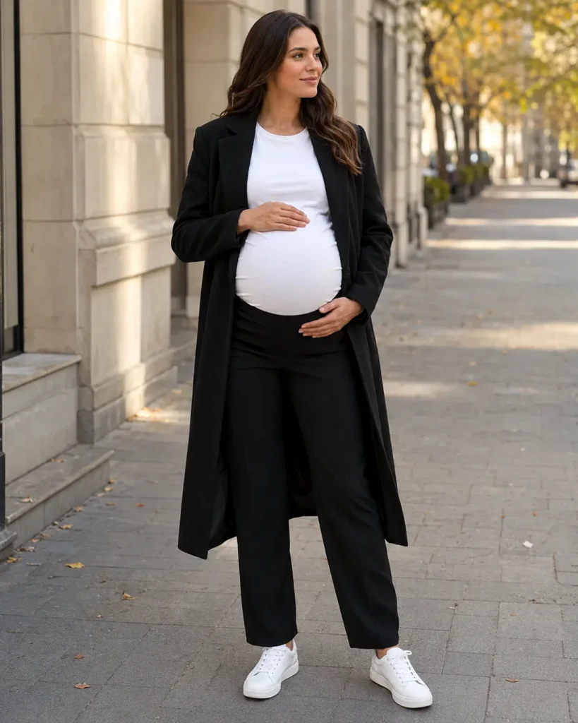 15. Black trousers, white tee and long wool coat.
