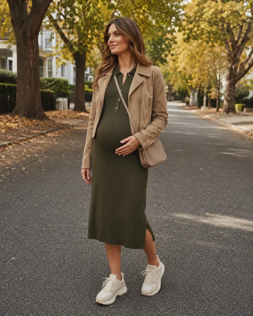 16. Olive knit polo dress, suede jacket and sneakers.