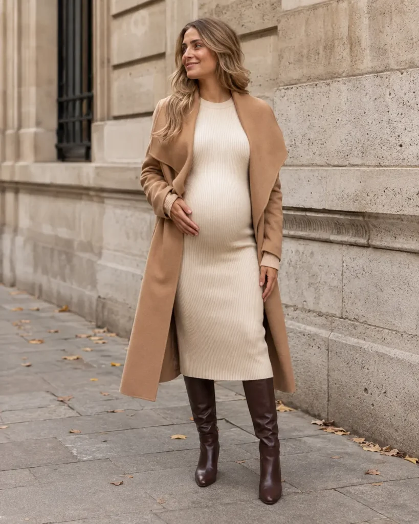 1. Cream knit dress, camel coat and tall boots.