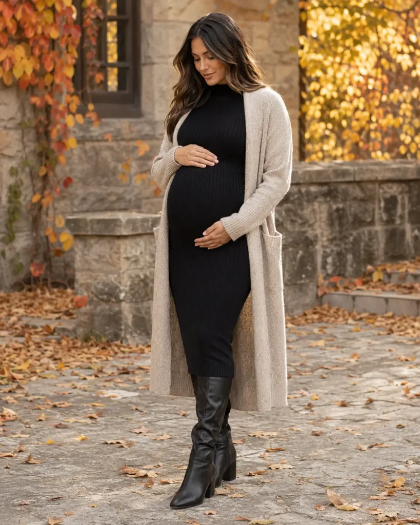 2. Black knit dress, oatmeal cardigan and knee-high boots.