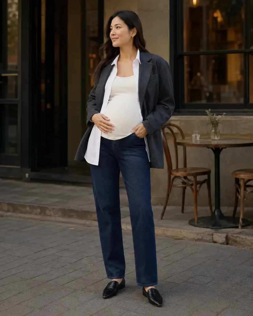 3. Dark jeans, white shirt and charcoal blazer.