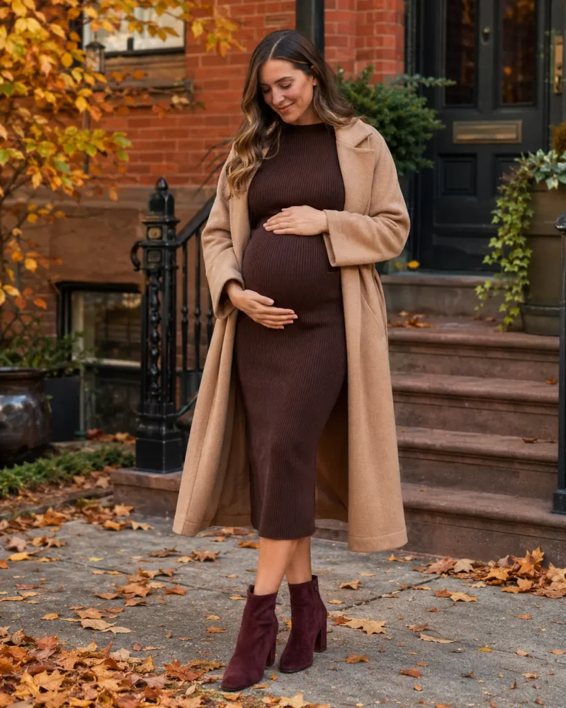 4. Chocolate knit dress, camel coat and burgundy boots.