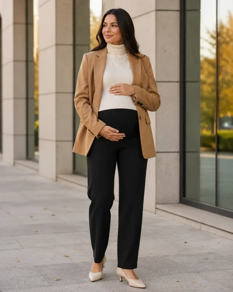 5. Tailored black trousers, cream turtleneck and camel blazer.