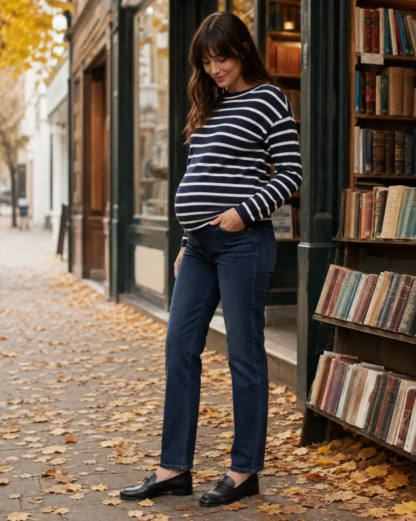 8. Dark denim, Breton knit and black loafers.