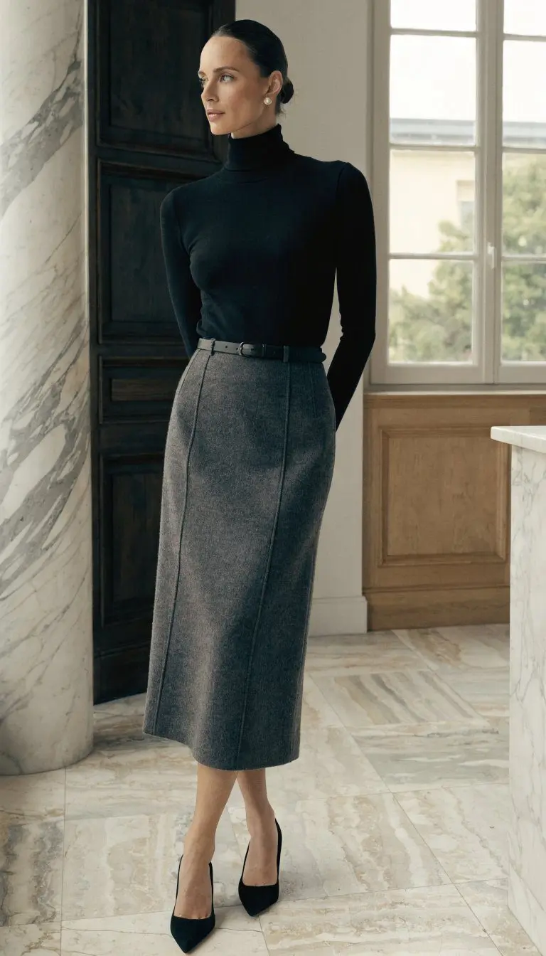 7. The Sleek Turtleneck And Skirt Power Move
