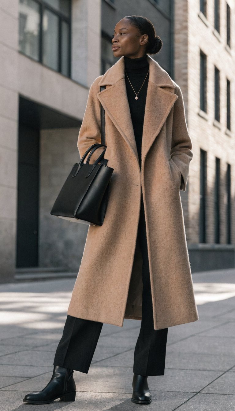 2. Tailored Camel Coat Over Monochrome Perfection