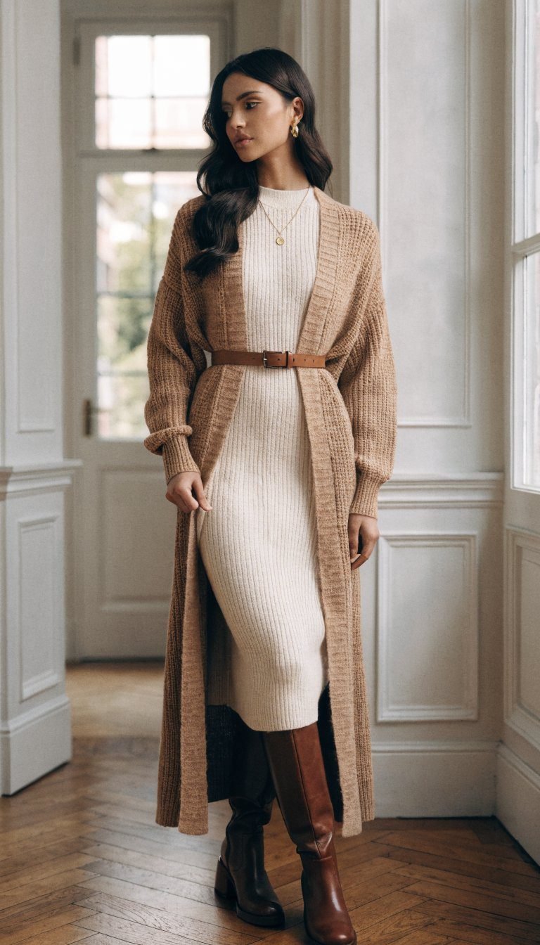 4. Ivory Knit Dress With Knee-High Boot Excellence