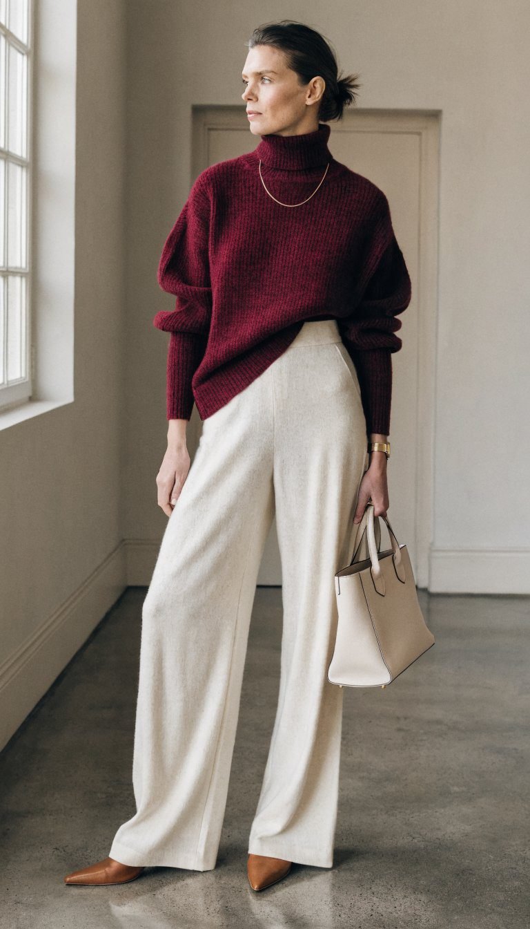 6. Burgundy Turtleneck With Neutral Bottoms Magic