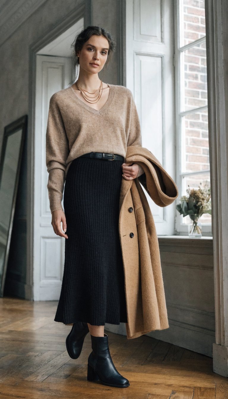 7. Black Knit Midi Skirt With Cashmere Sweater Perfection