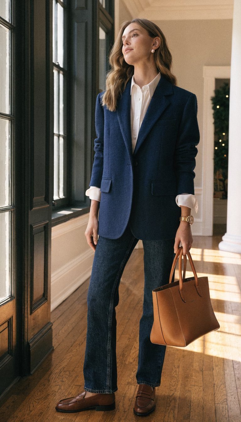 9. Navy Blazer Over White Blouse Classic