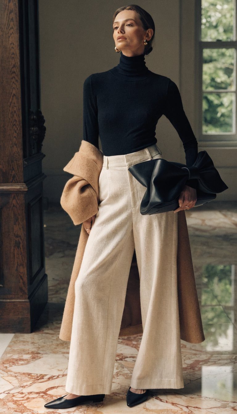 10. Cream Trousers With Black Turtleneck Sophistication