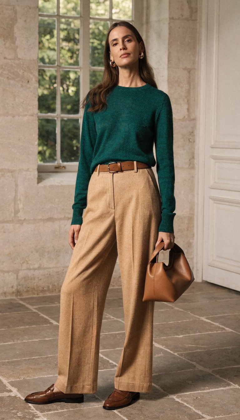 13. Forest Green Sweater With Camel Bottoms Brilliance
