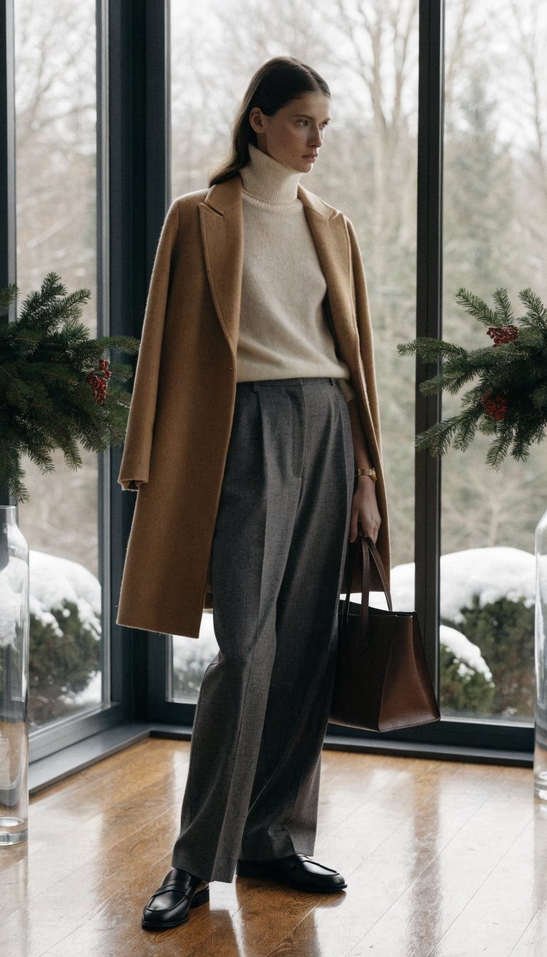1. The Cashmere Turtleneck and Wide-Leg Trousers Power Move