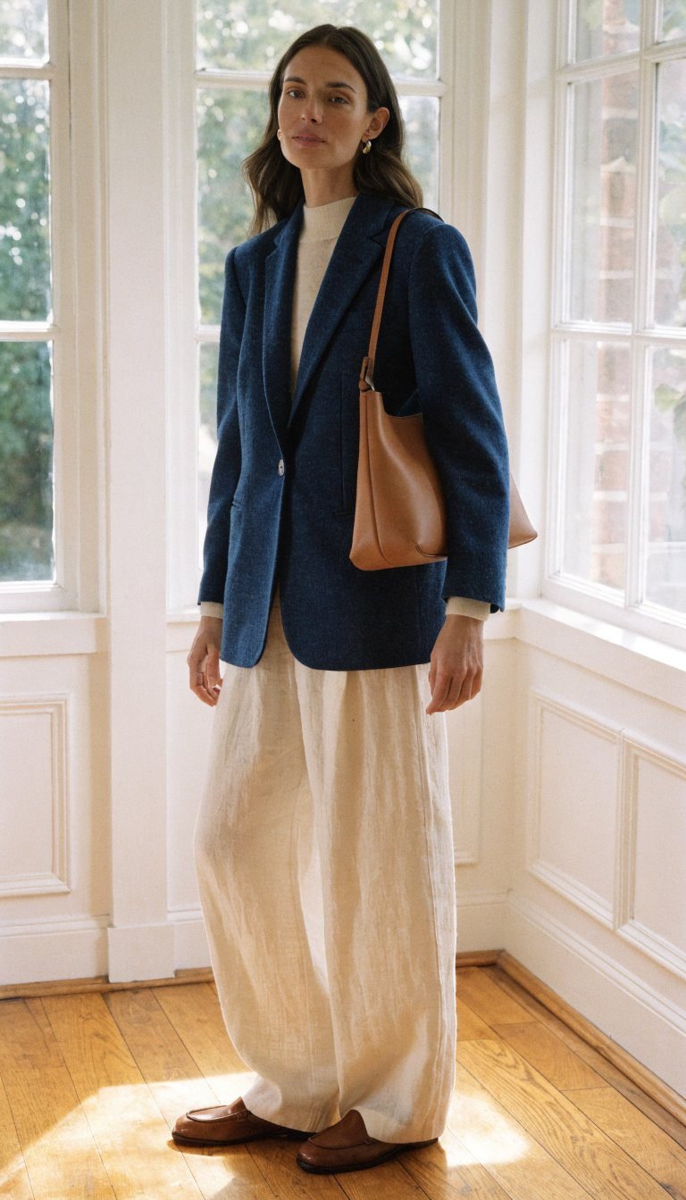 7. The Navy Blazer and Cream Trousers Classic