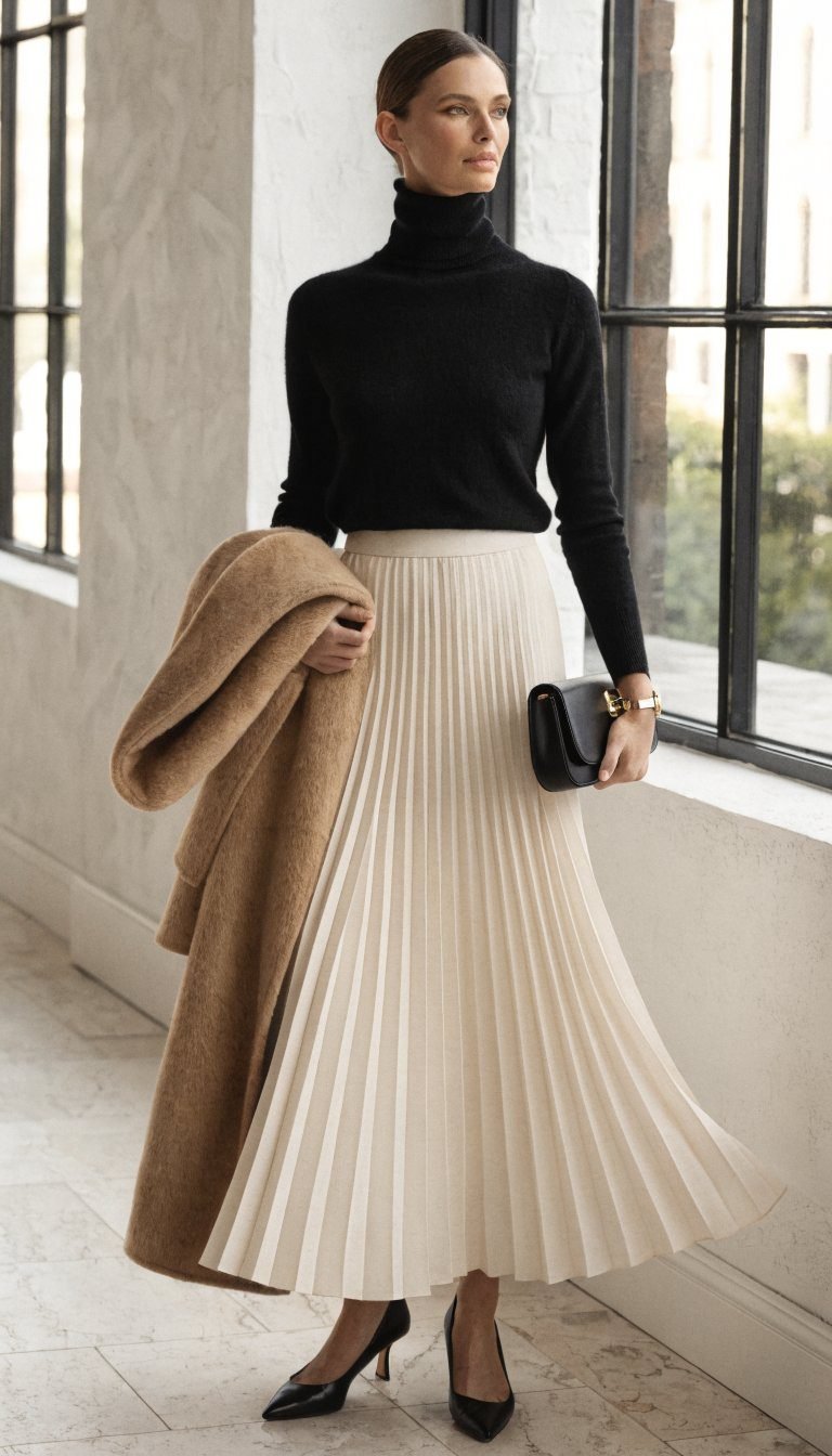 14. The Black Turtleneck and Pleated Skirt Classic