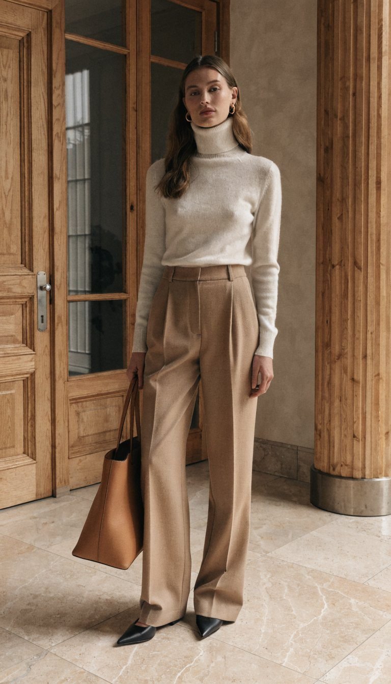 1. The Cashmere Turtleneck and Tailored Trousers Power Move