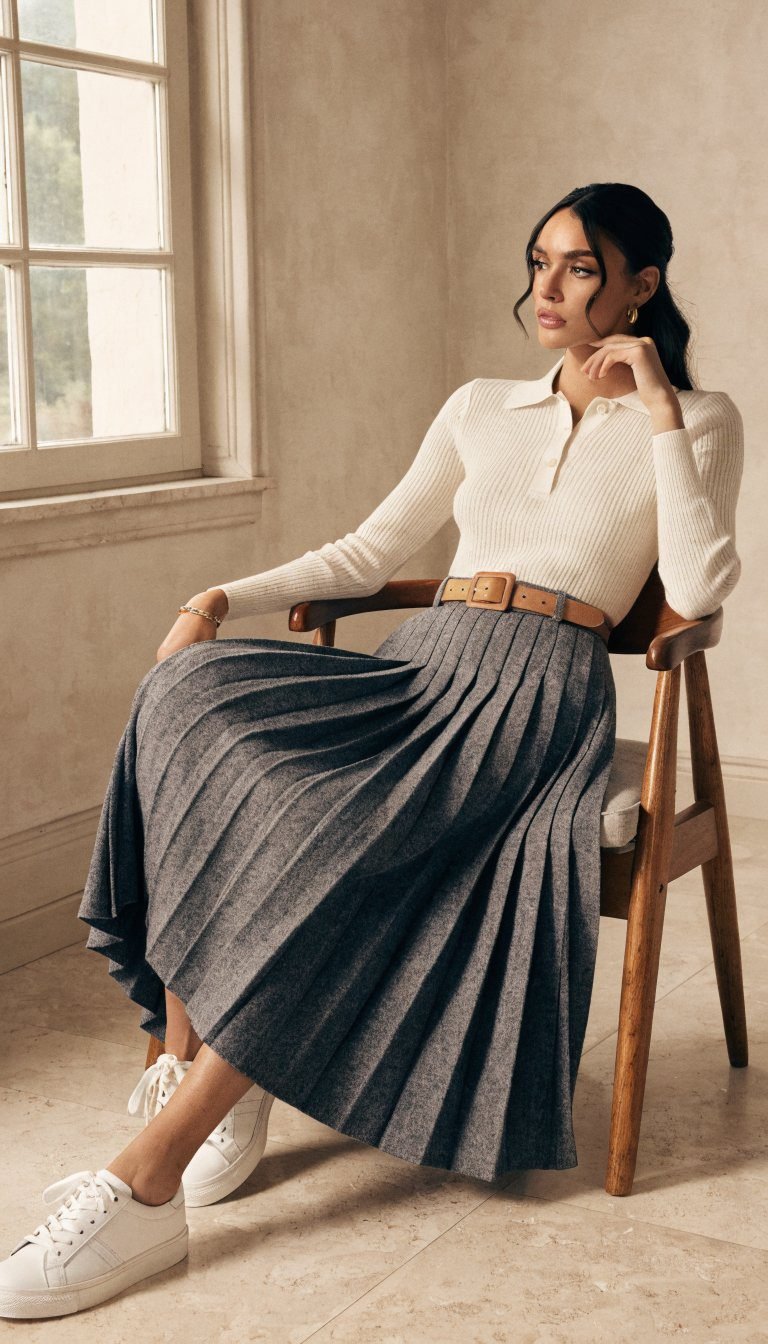 11. The Knit Polo and Midi Skirt Combination