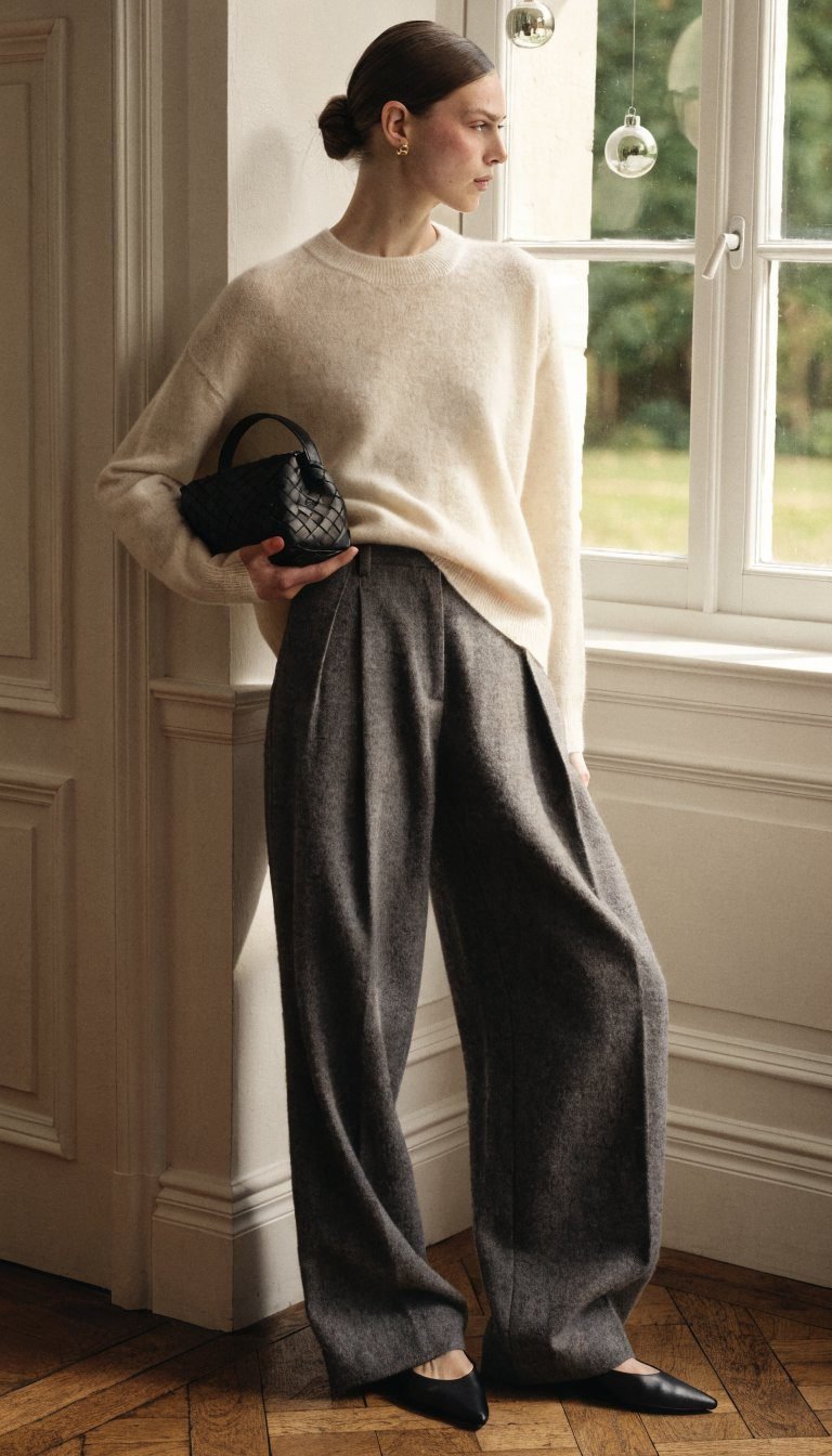1. The Cashmere Sweater and Wide-Leg Trousers Power Combo