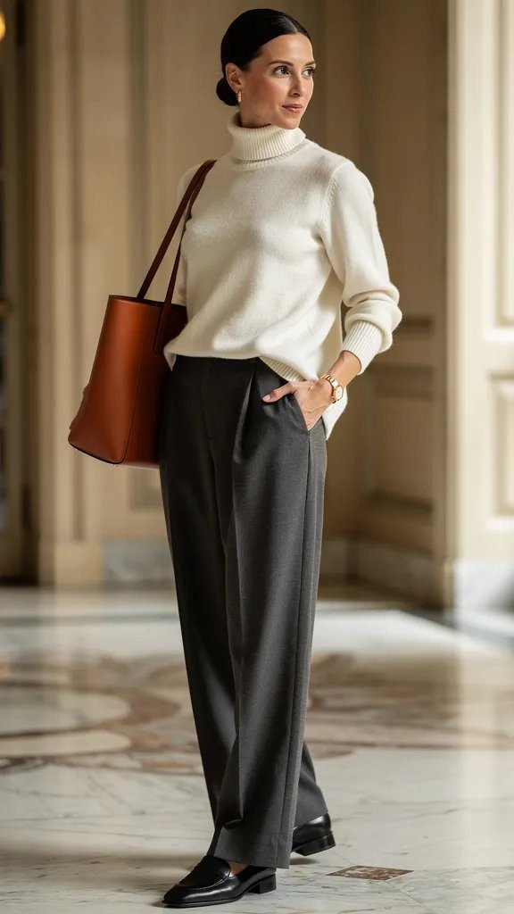 1. The Cashmere Turtleneck and Tailored Trousers Power Move