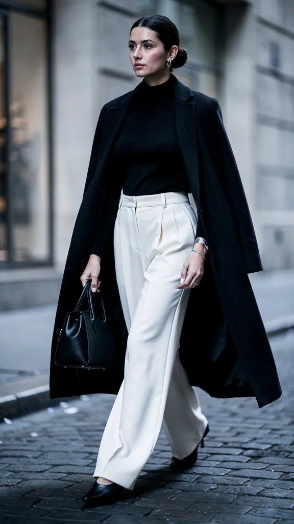 12. The Black Turtleneck and Cream Trousers Contrast